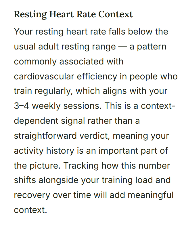 Free Baseline Audit finding titled Resting Heart Rate Context, describing a resting heart rate below the usual adult range and what it may mean alongside training.
